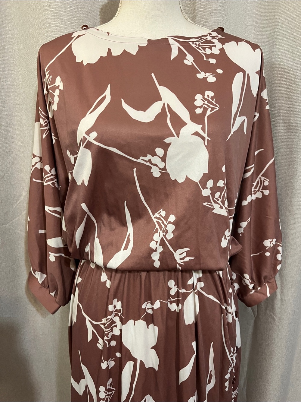 Vintage Mauve Floral Blouson Midi Dress with White Print